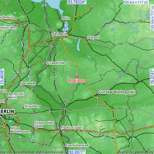 Topographic map of Myślibórz