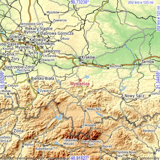 Topographic map of Myślenice