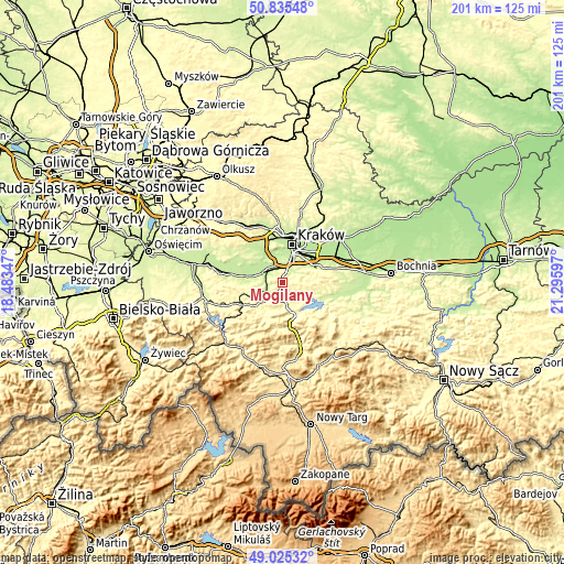 Topographic map of Mogilany