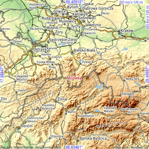 Topographic map of Milówka