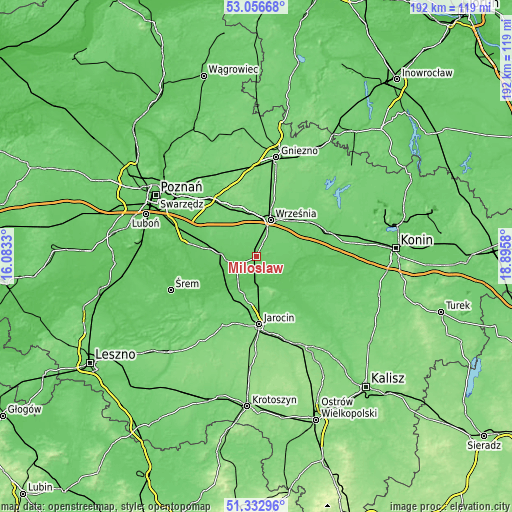 Topographic map of Miłosław