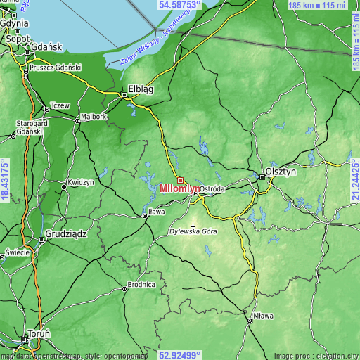 Topographic map of Miłomłyn