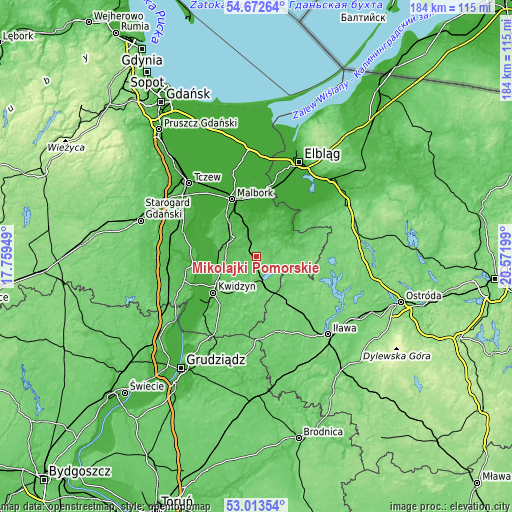 Topographic map of Mikołajki Pomorskie