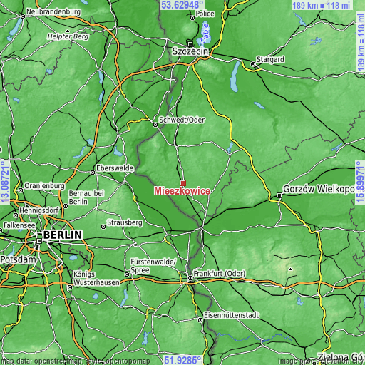 Topographic map of Mieszkowice