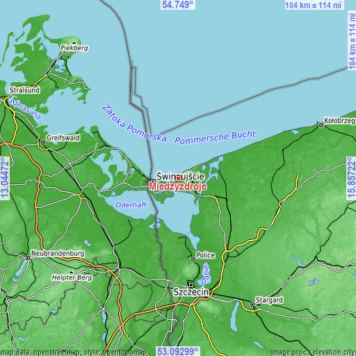 Topographic map of Międzyzdroje