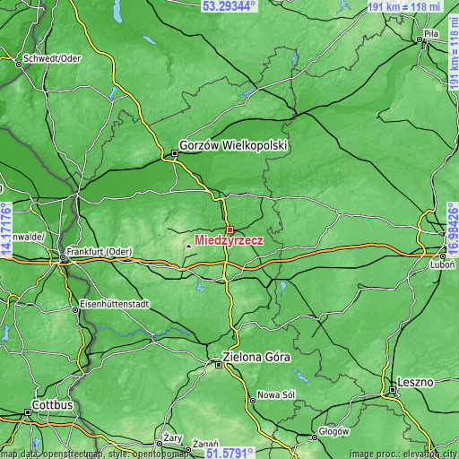 Topographic map of Międzyrzecz