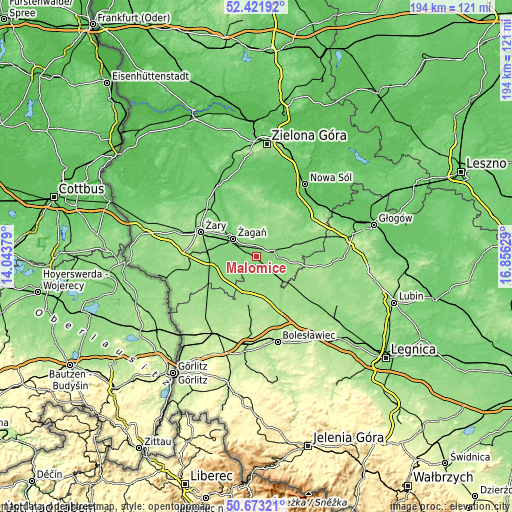 Topographic map of Małomice