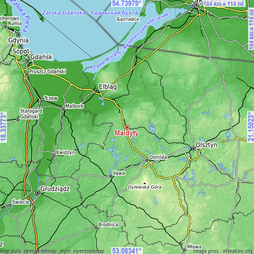 Topographic map of Małdyty