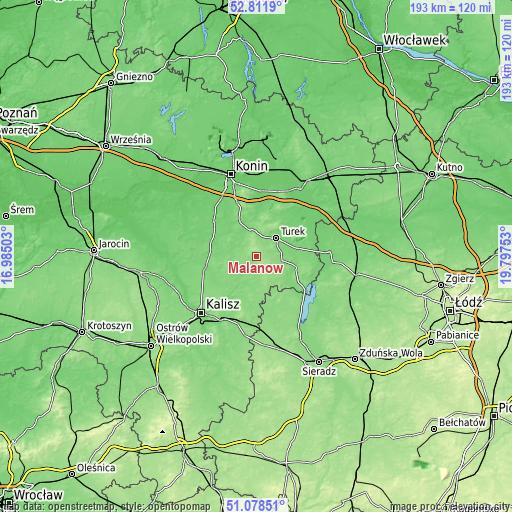 Topographic map of Malanów