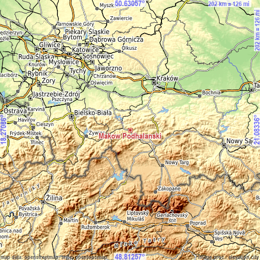 Topographic map of Maków Podhalański