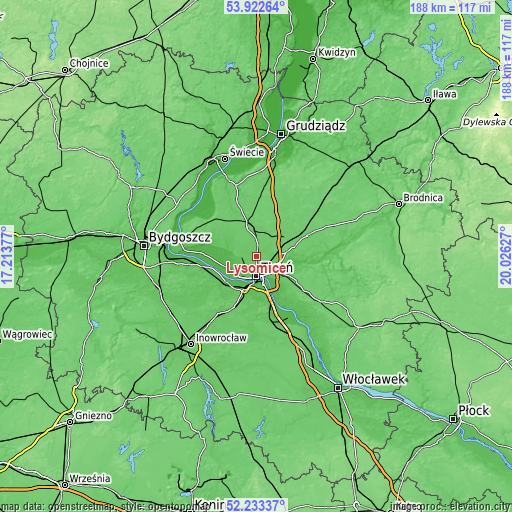 Topographic map of Łysomice