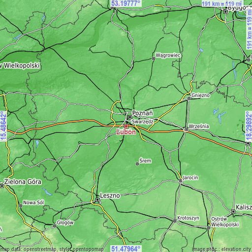 Topographic map of Luboń