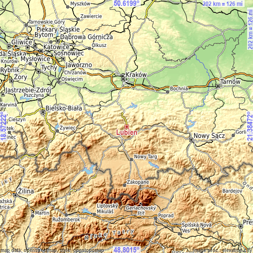 Topographic map of Lubień