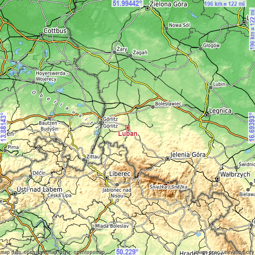 Topographic map of Lubań