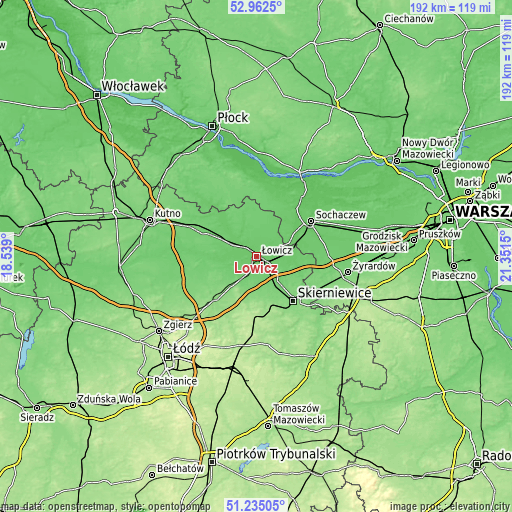 Topographic map of Łowicz