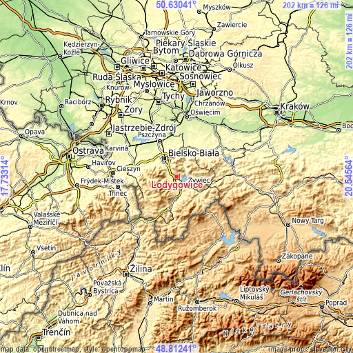 Topographic map of Łodygowice