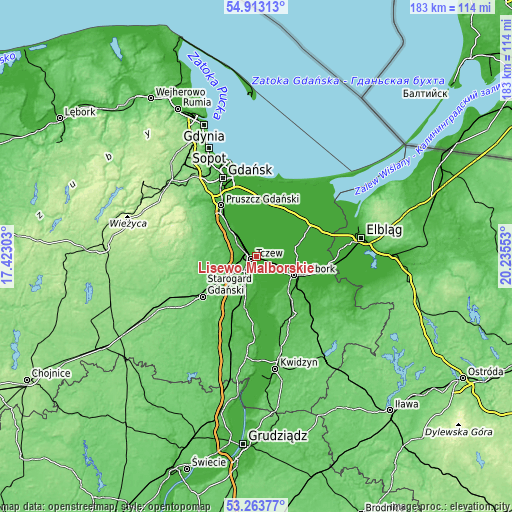 Topographic map of Lisewo Malborskie