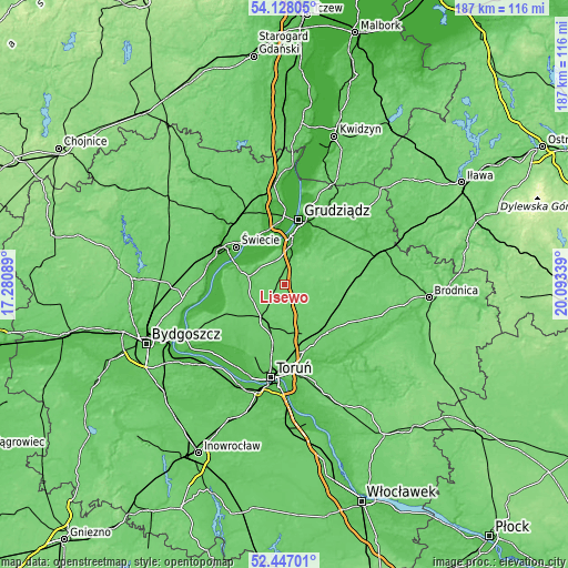 Topographic map of Lisewo