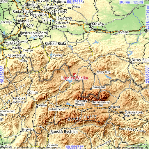 Topographic map of Lipnica Wielka