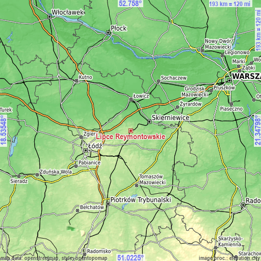 Topographic map of Lipce Reymontowskie