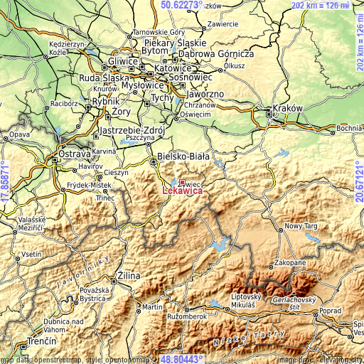 Topographic map of Łękawica