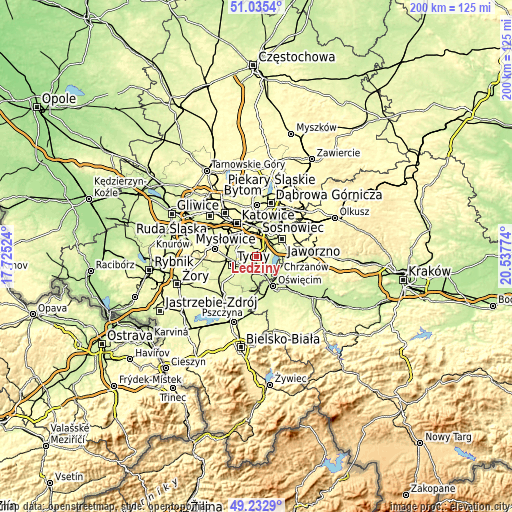 Topographic map of Lędziny