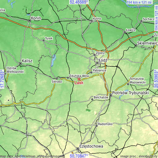 Topographic map of Łask