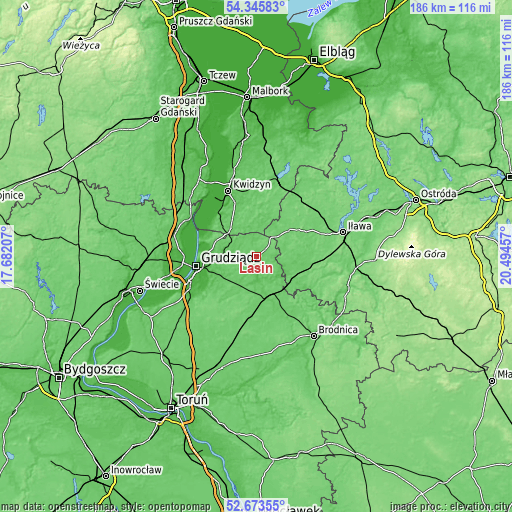 Topographic map of Łasin