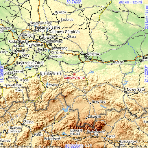 Topographic map of Lanckorona