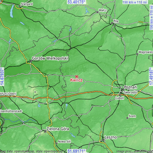 Topographic map of Kwilcz