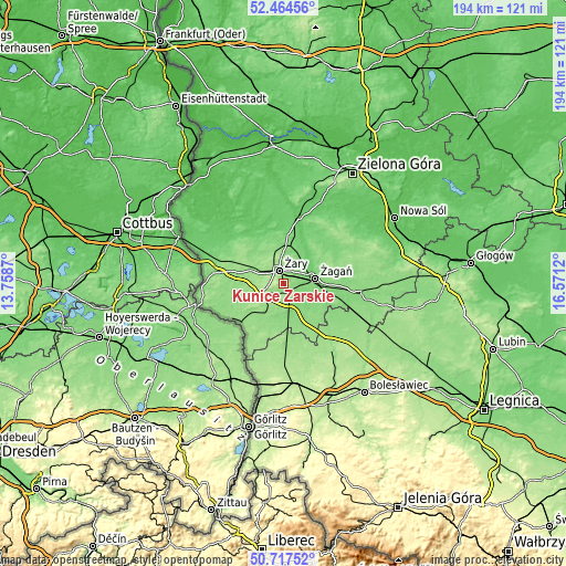 Topographic map of Kunice Żarskie