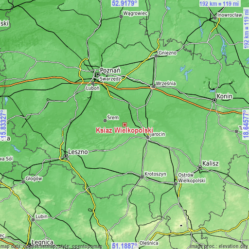 Topographic map of Książ Wielkopolski