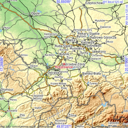 Topographic map of Krzyżowice