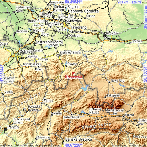 Topographic map of Krzyżowa