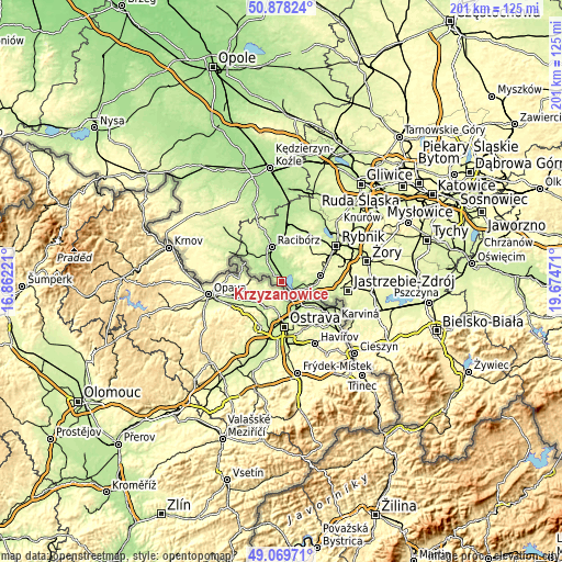 Topographic map of Krzyżanowice