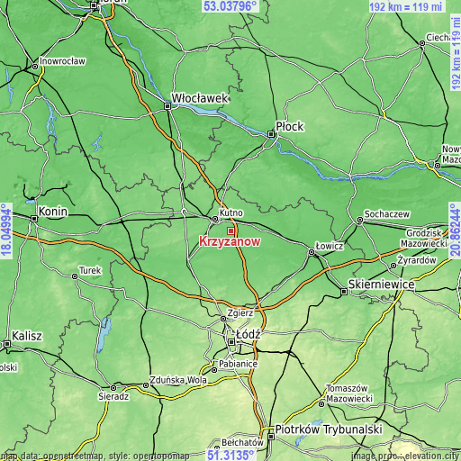 Topographic map of Krzyżanów