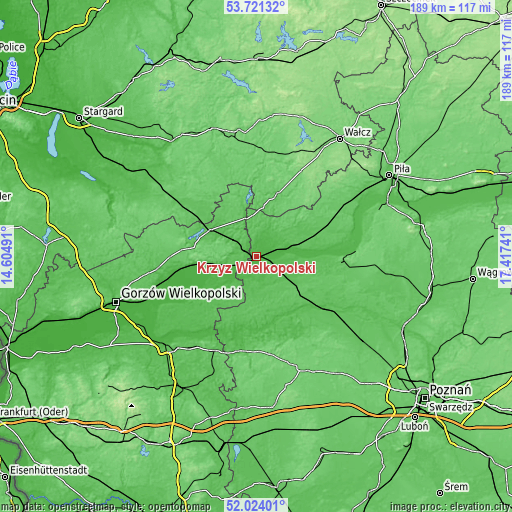 Topographic map of Krzyż Wielkopolski