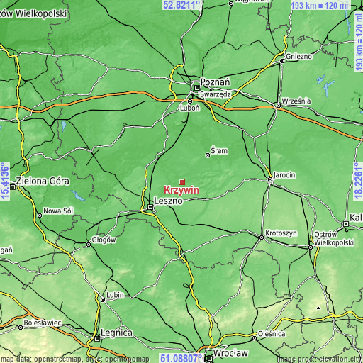 Topographic map of Krzywiń