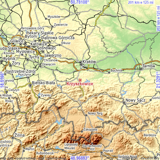 Topographic map of Krzyszkowice