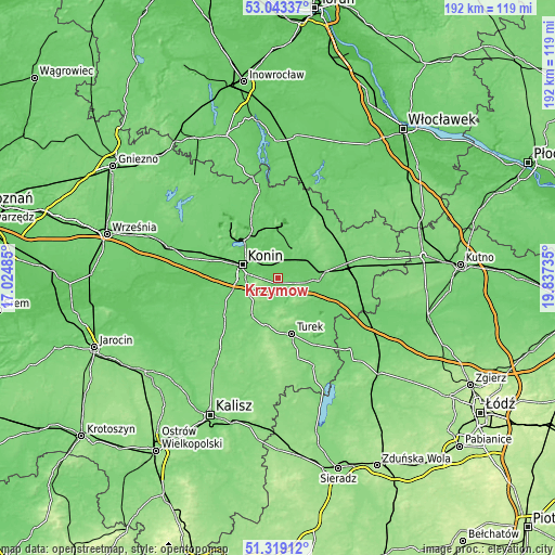 Topographic map of Krzymów