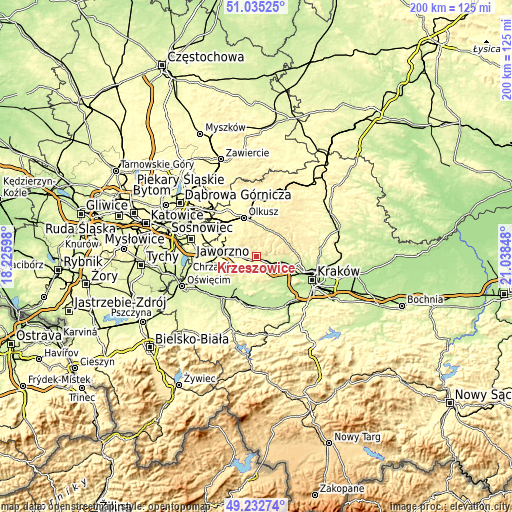 Topographic map of Krzeszowice