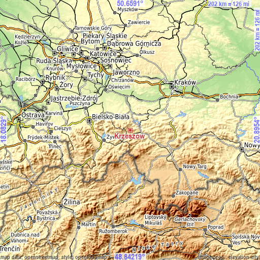 Topographic map of Krzeszów