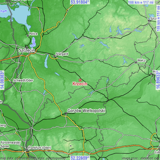 Topographic map of Krzęcin