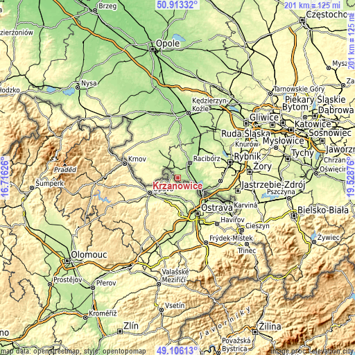 Topographic map of Krzanowice
