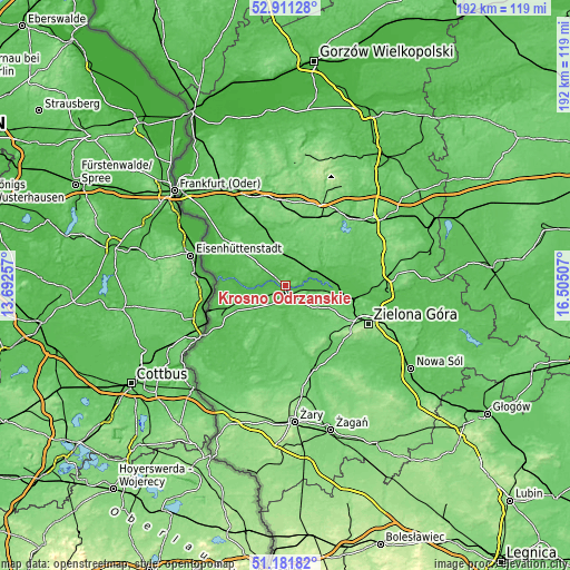 Topographic map of Krosno Odrzańskie