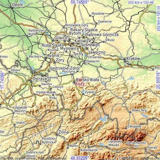 Topographic map of Kozy