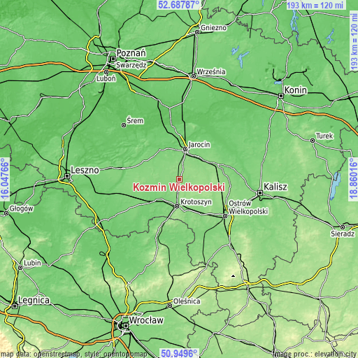 Topographic map of Koźmin Wielkopolski