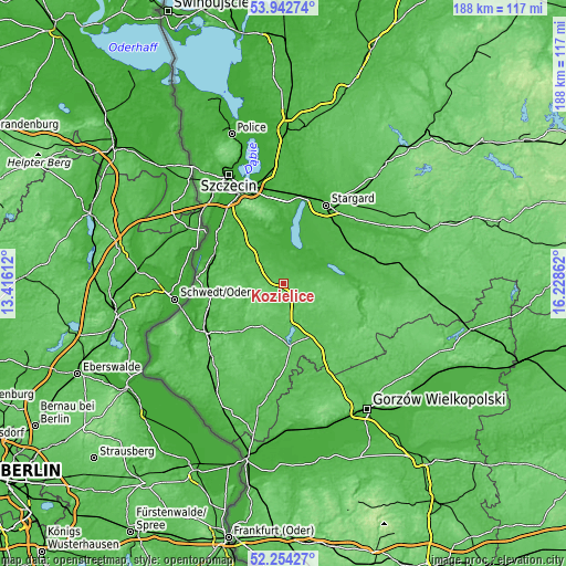 Topographic map of Kozielice