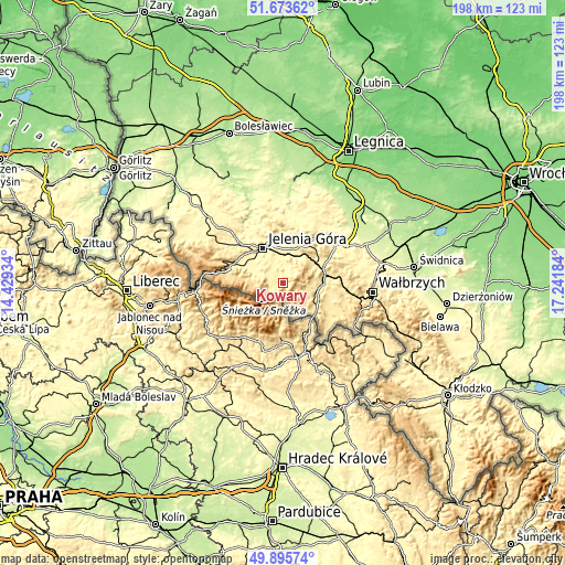 Topographic map of Kowary