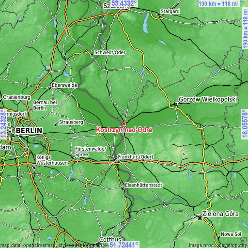 Topographic map of Kostrzyn nad Odrą